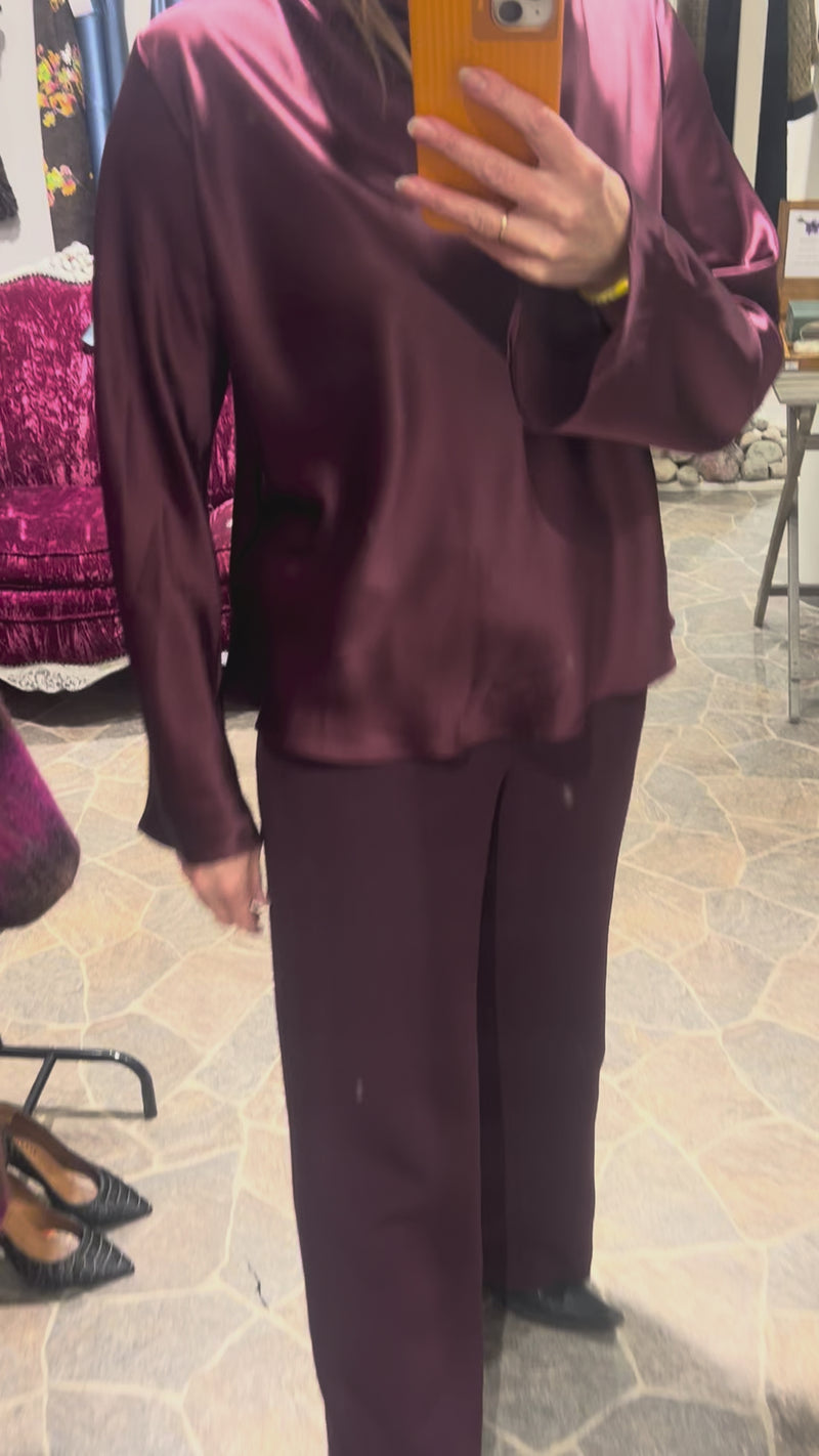 AW25 Bordeaux Silkesateng bluse med lang arm